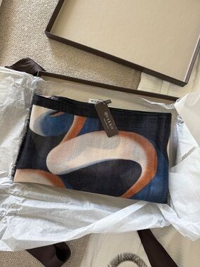 Vakko Turkish silk and wool Abstract Swirl Scarf in Navy, Rust, Cream